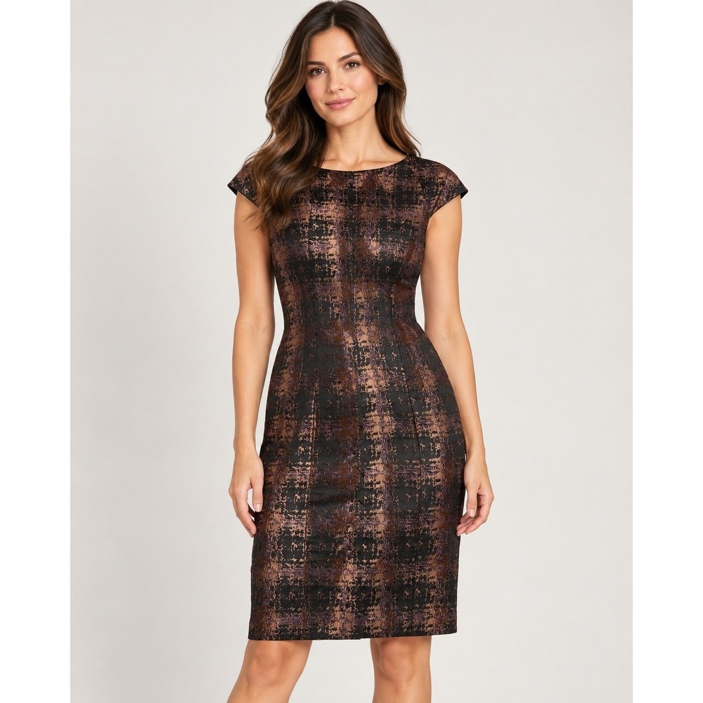 JAX Metallic Jacquard Sheath Dress Cap Sleeve Bronze Black Size 2